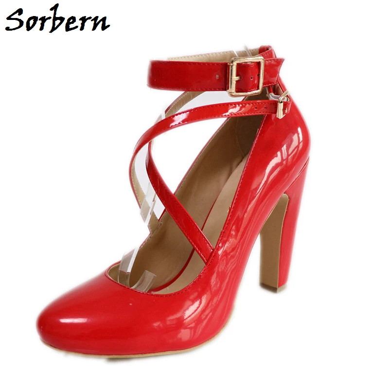 Sorbern/красные женские туфли-лодочки из лакированной кожи с круглым носком на не сужающемся книзу массивном каблуке женские модельные туфли на высоком каблуке с пряжкой и перекрестными ремешками