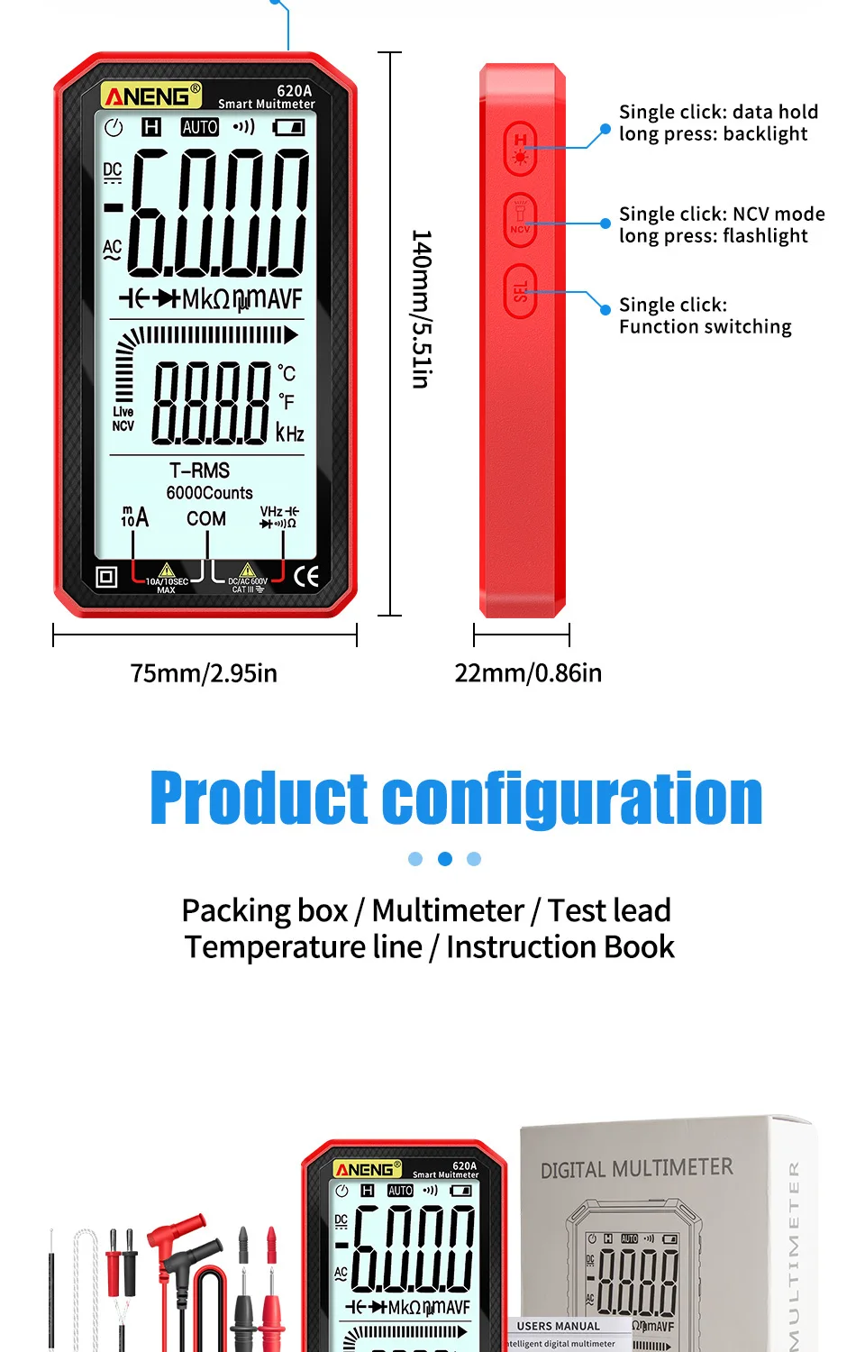 ANENG 620A Digital Smart Multimeter Transistor Testers 6000 Counts True RMS Auto Electrical Capacitance Meter Temp Resistance