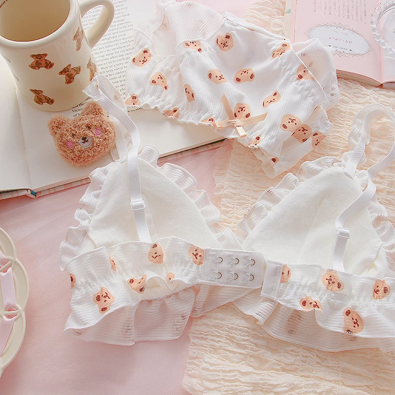 Kawaii Lolita Bra and Panty Set White Lingerie Cute Japanese Milk Silk Bra  & Panties Set Wirefree Soft Underwear Set