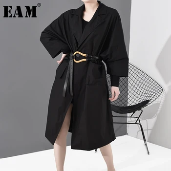 

[EAM] Women Black Pocket Split Joint Big Size Trench New Lapel Long Sleeve Loose Fit Windbreaker Fashion Spring 2020 1R14901