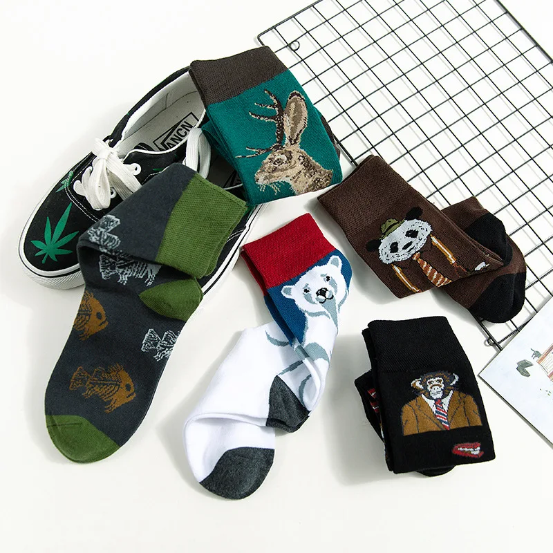Men Fashions Sloth Socks Pure Cotton Happy Style Meias Panda Elk Fox Flamingo Animal With Pattern Funny Sockken For Lovers