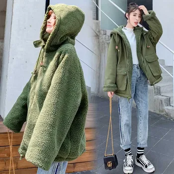 

Fashion teddy Coat Girls Green Jacket Winter Female Slim Long Warm Overcoat Ladies Hooded Cotton Large Size Parka Femme Women