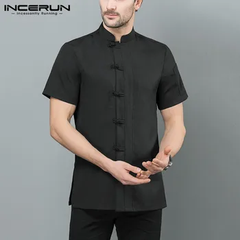 

INCERUN Chinese Style Men Chef Jackets Food Services Restaurant Kitchen Unisex Chef Uniform Solid Short Sleeve Cotton Shirt 2020