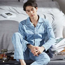 

Winter 100% Cotton Pajamas Men Lounge Sleepwear Blue Plaid Pijama Man's Warm Bedgown Home Clothes PJ Pure Pijama Hombre Invierno