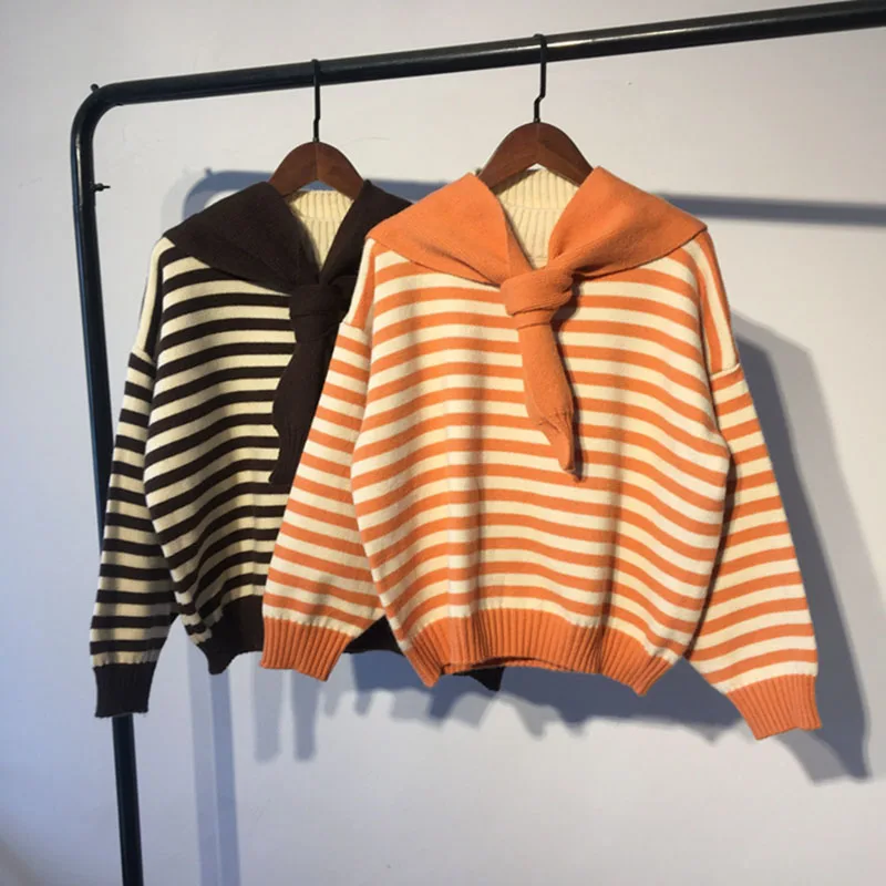 

Autumn Winter Women Sweater Long Sleeve O-Neck Hooded Pullovers Striped Thick Clothes With Detachable Hat Streetwear Casual Top