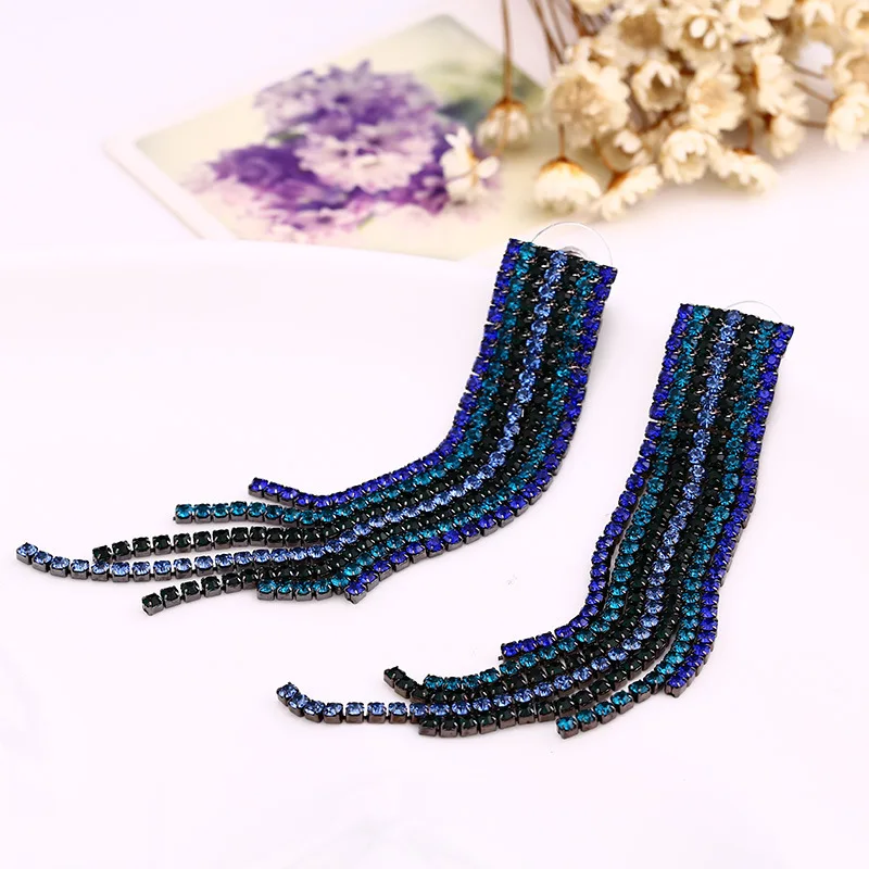 Модные Преувеличенные темпераментные серьги с кристаллами и кисточками для ночного клуба, эффектные серьги для женщин, длинные серьги - Окраска металла: Синий