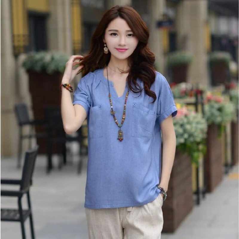 

Women Summer Clothes Top 2020 Summer Shirt Plus Size Short Sleeve Blouses Shirts Loose Casual Solid Korean Style Cotton Linen