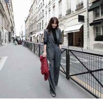 

women New Fashion spring pants suit high quality gray business suit Wide leg pants Two-piece suit women size M-5XL 45-105KG