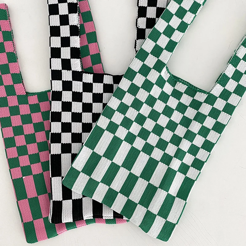 Female Woolen Knitting Clash Color Striped Shoulder Wrist Bags Vintage Chic Capacity Handbag Ladies Casual Messenger Tote Bag