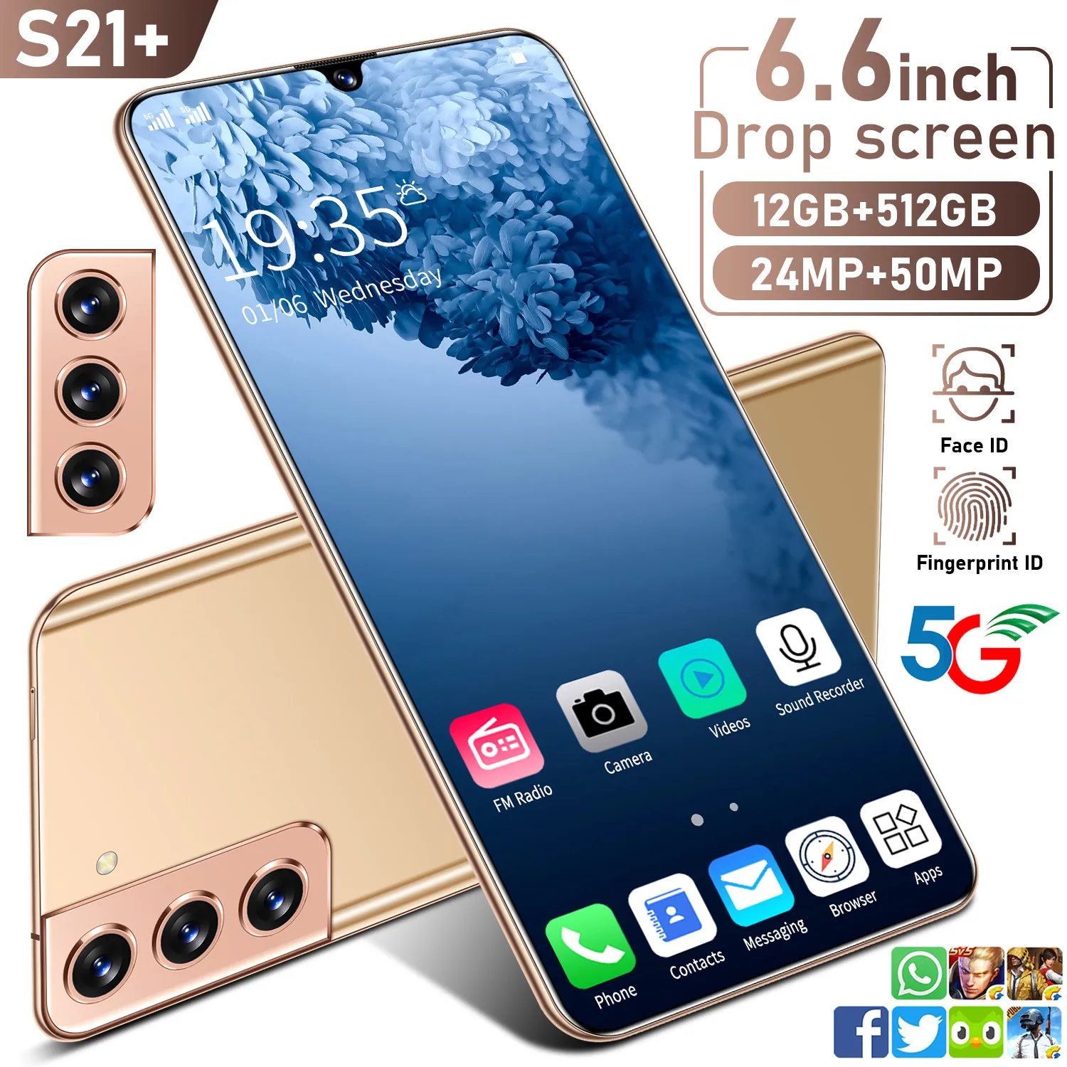 S21+ 6.6 Inch Smartphones 12GB+512GB 24+50MP 10-Core MTK6889 4G LTE 5G Cell Phones HD Full Screen Support Face ID Dual SIM Phone