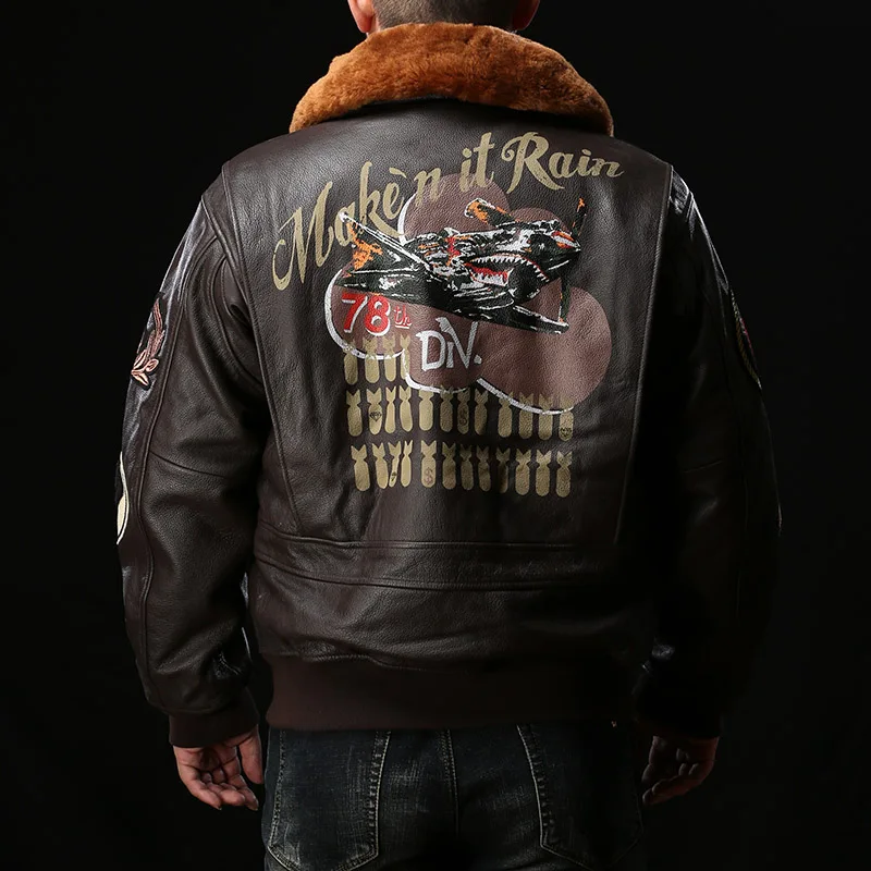Super ping Air Force G1 Pilot Jacket Men Warm Real Removable Fur Collar Genuine Cow Leather Coat vintage Bomber Jacket men leather jacket