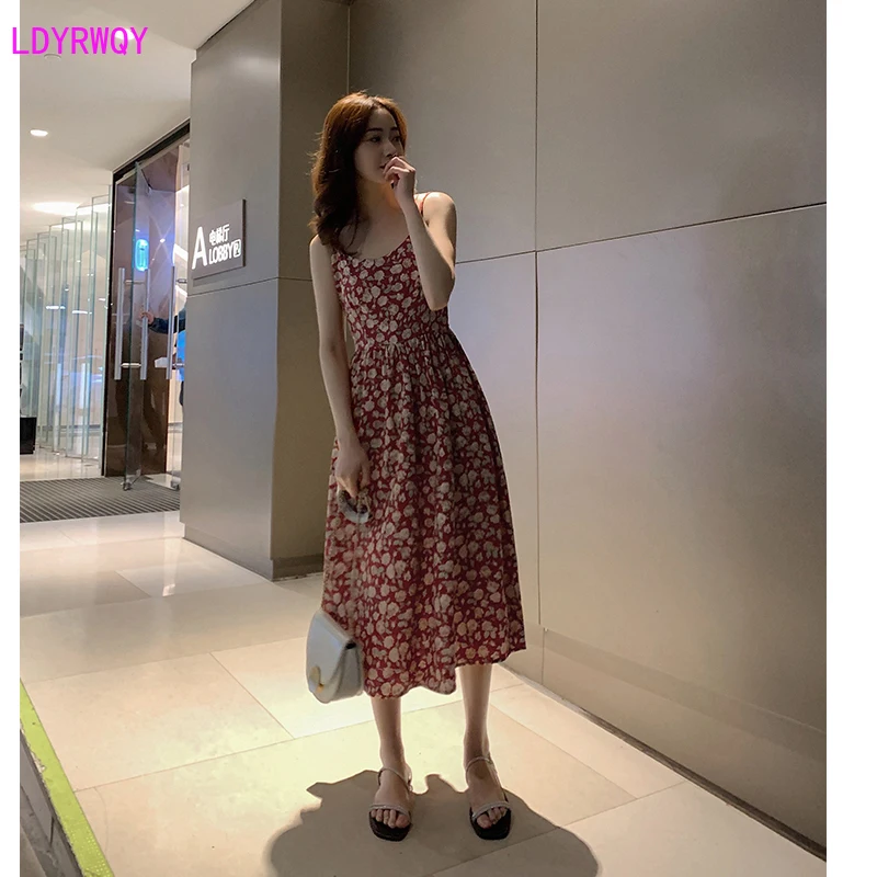 

2020 summer new style slim long floral dress Sheath Office Lady V-Neck Knee-Length Spaghetti Strap Sleeveless