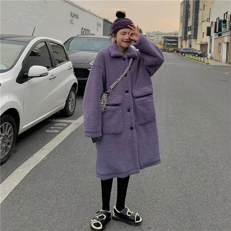 

Winter 2020 New Fashion Casual Pure Color Purple Coat Women'S Long-Sleeved Fleece Long Lapel Wool Lamb Coat