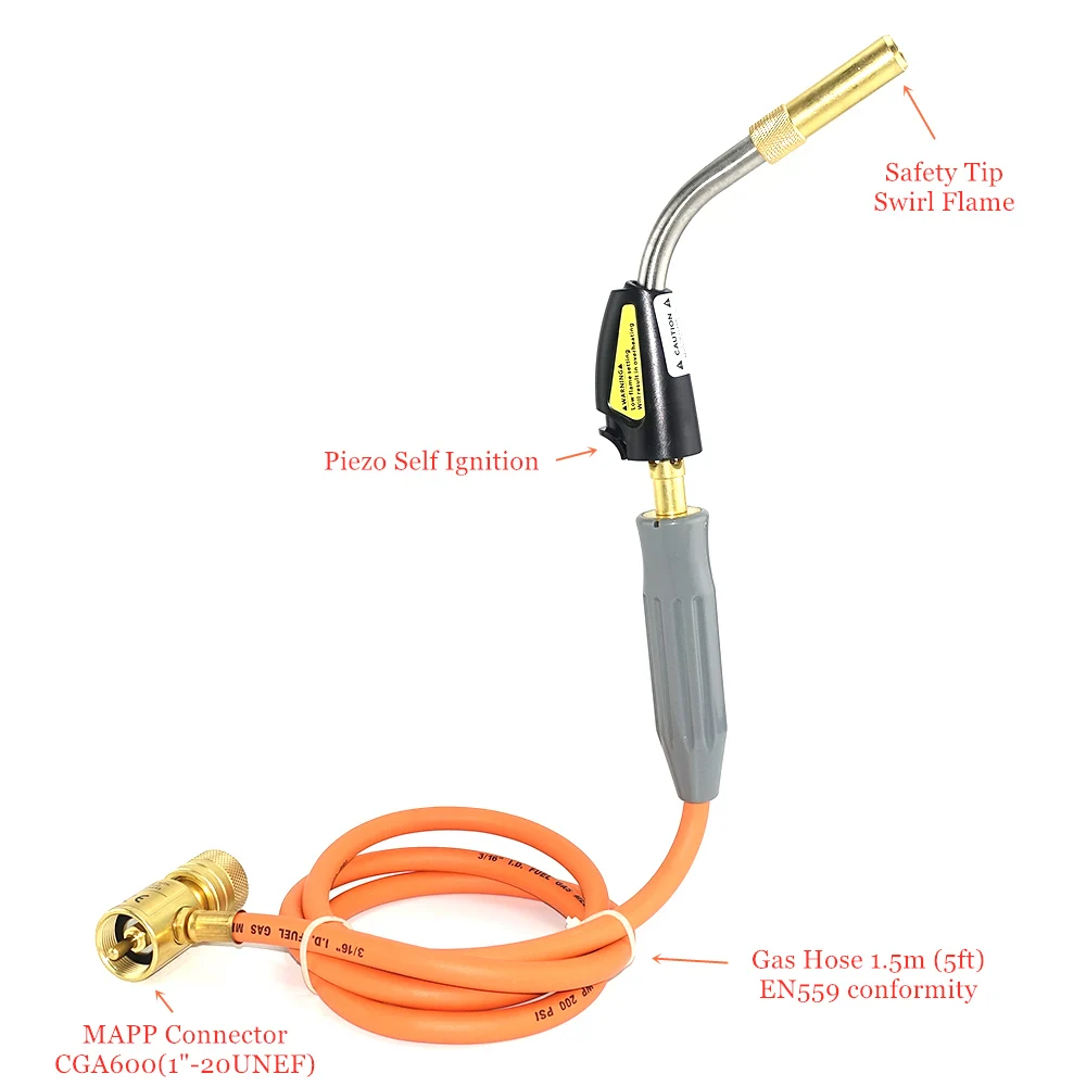 Propane torch-Professional MAPP Catridge Cylinder Gas Brazing Soldering Welding Heating Application 1.5m hose CGA600 connection 