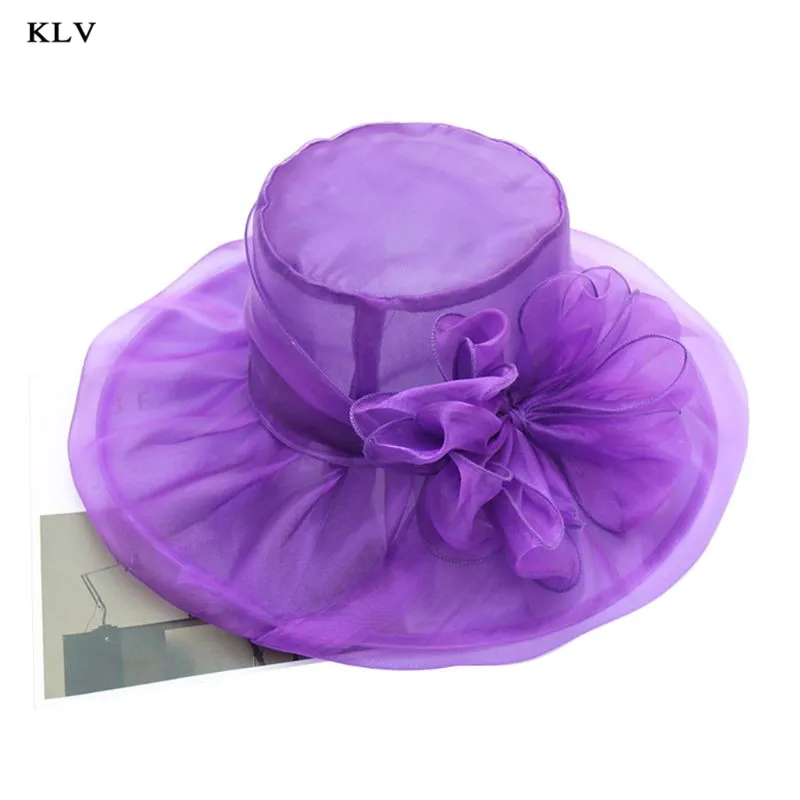 Purple Женские церковные Дерби вуалетки двойной слой органзы Свадебные большие цветок шляпа Чай Вечерние винтажные складные с широкими полями - Цвет: Purple