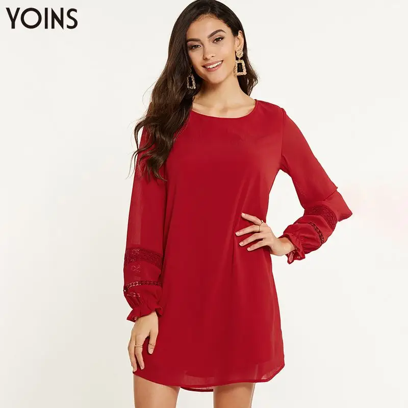 

YONIS 2019 Dress Women Summer Autumn Round Neck Lace Hollow With Lining Long Sleeve Mini Length Loose Fit Party Vacation Vestido