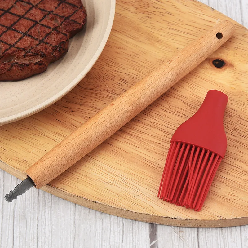 1PC Silicone BBQ Oil Basting Brush with Wood Handle Cake Bread Cream Cooking Brushes Baking Barbecue Kitchen Accessories Silicone Basting Brush