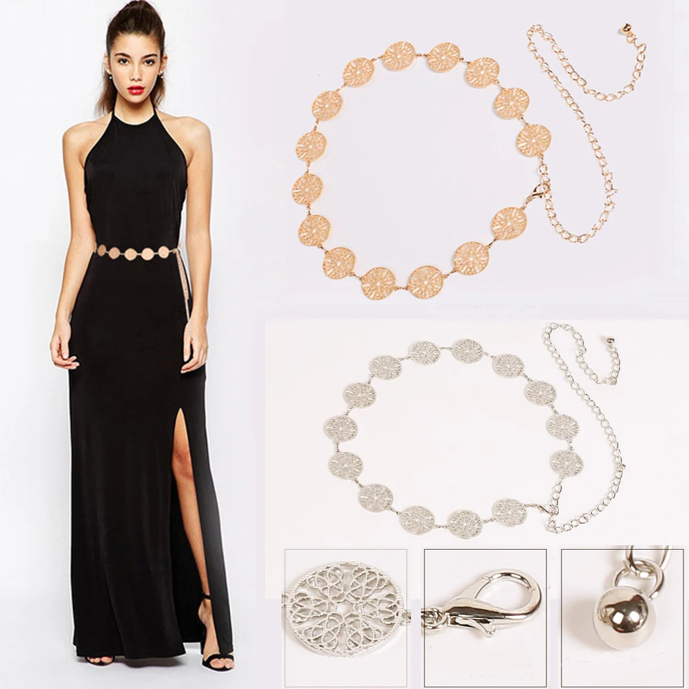 Fashion Women Retro Metal Chain Belt High Waist Charm Circle Waistband Female Belts Gold Silver