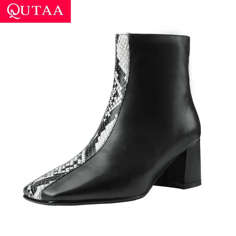 

QUTAA 2020 Mixed Color Zipper Winter Zipper New Autumn Pointed Toe Ankle Boots PU+Leather Square Med Heel Women Shoes Size 34-41