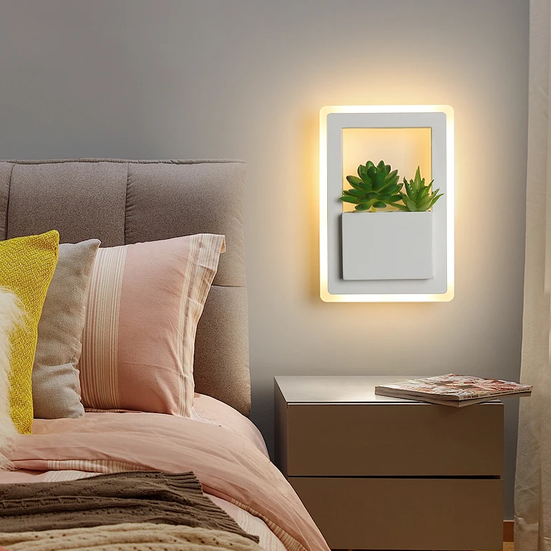 

Rectangle 220x150mm 11W Modern led bedside wall lamp white color with plant led wall lights for bedroom living room wall sconce