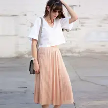 Модные персиковые цвета миди гофрированные шифоновые юбки для женщин до колена Женская юбка эластичная Saias на заказ