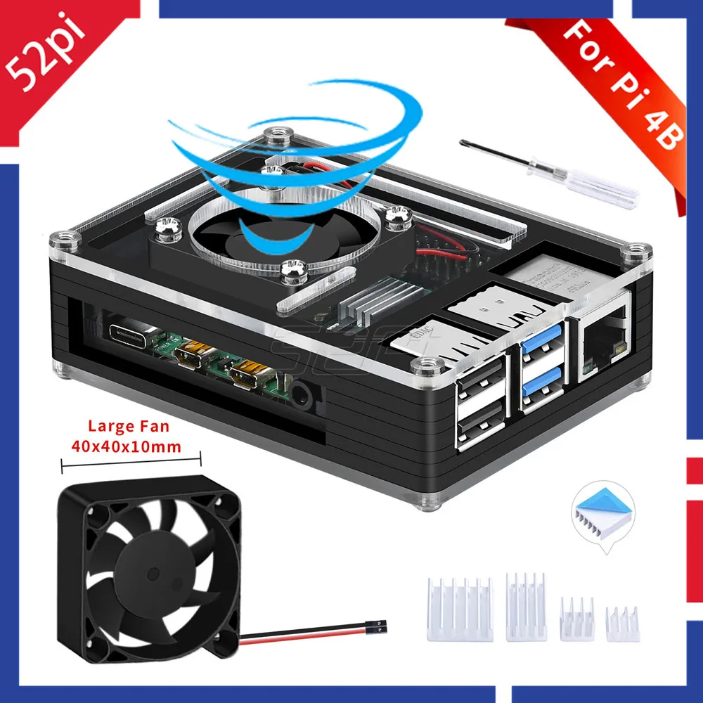 Акриловый чехол 52Pi для Raspberry Pi защитный из АБС-пластика с радиатором 4010 Rasberry 4 B (4