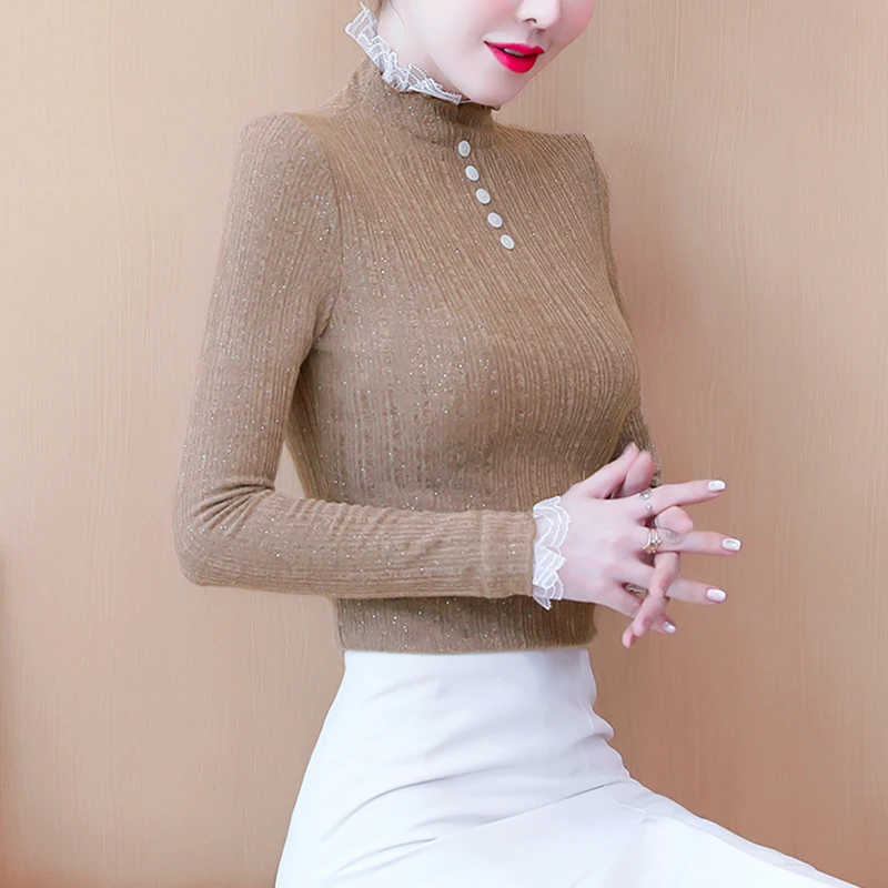 

LJSXLS 2020 Autumn Turtleneck T Shirts Women Tshirt Long Sleeve Slim Tops Patchwork Slim T-Shirt Femme Winter Women Clothes