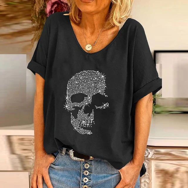 T-shirt Women's Spring Long Sleeve Large Size Tops Casual Loose Short Sleeve Tshirt Skull Print Female V-neck T-shirts 2021 black