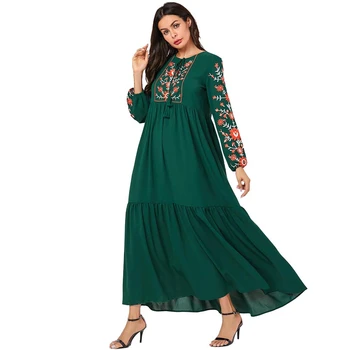 

Lugentolo Women Long Dress Fashion Arab Muslim Plus Size Green Plant Print Embroidery Tassel Casual Big Swing Lady New Dresses