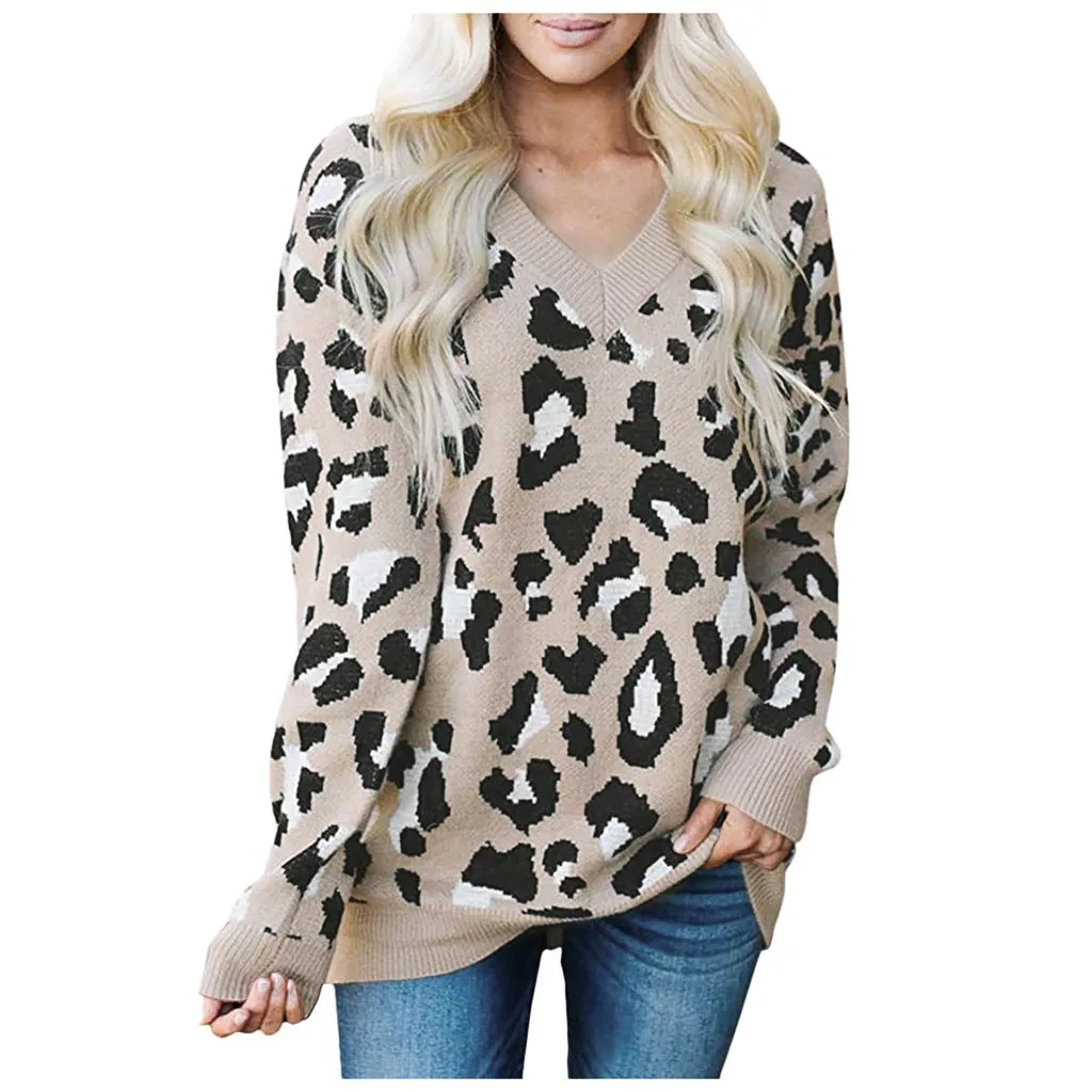 Jaycosin Fashion Casual Lady Leopard Sweater Chic Stylish Comfortable Soft Elegant Loose V-Neck Fit Tops Blouse sweater