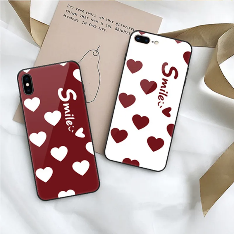 Жесткий чехол со стеклом Smile Glass для iPhone 11 Pro Max X XR XS с любовным сердцем 6 6s 7 8 Plus 5