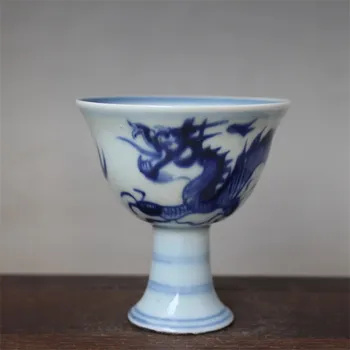 

Collection Chinese Old Antique Porcelain Ming Xuande Year Blue & White Porcelain Painting 12 Zodiac Animal Dragon High Foot Cup