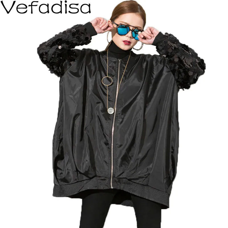 Vefadisa Sequins Long Sleeve Coat Woman 2020 Spring Stand Collar Zipper Solid Loose Jacket Streetwear Black QYF1515 |