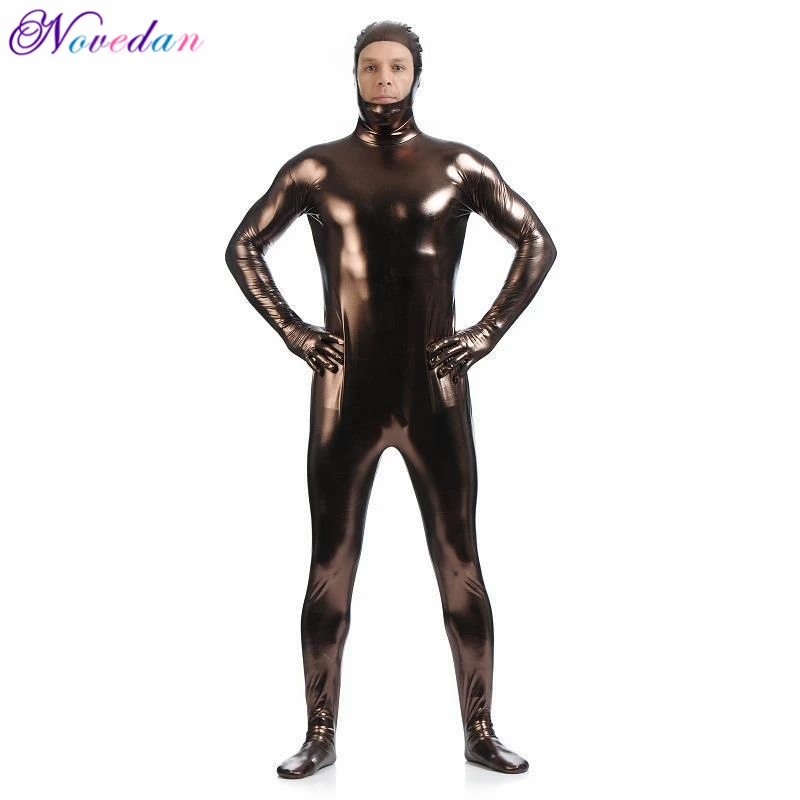 Men Metallic Wetlook Latex Open Face One Piece Bodysuit Zentai Suit Shinny Faux Leather Catsuit Fetish Cosplay Costume Club Wear