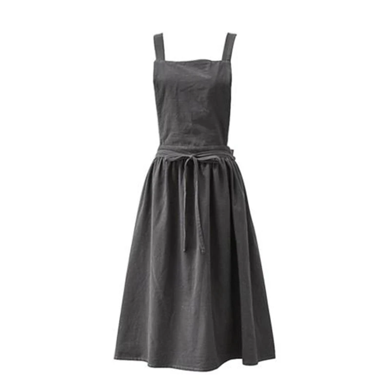 Women Bib Apron Cotton Linen Sleeveless Pinafore Dress Kitchen Coffee Cooking Pink, Light Green, Dark Grey Washed Cotton Linen