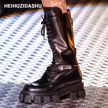 

Patent leather Knee Boots women Thick platform Lace-up High boots Autumn/Winter fashion Chunky boots long boots women shoes