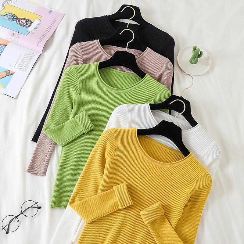 

Knitted Women o-neck Sweater Pullovers spring Autumn Basic Women Sweaters Pullover Slim Fit Black cheap Solid O-neck top