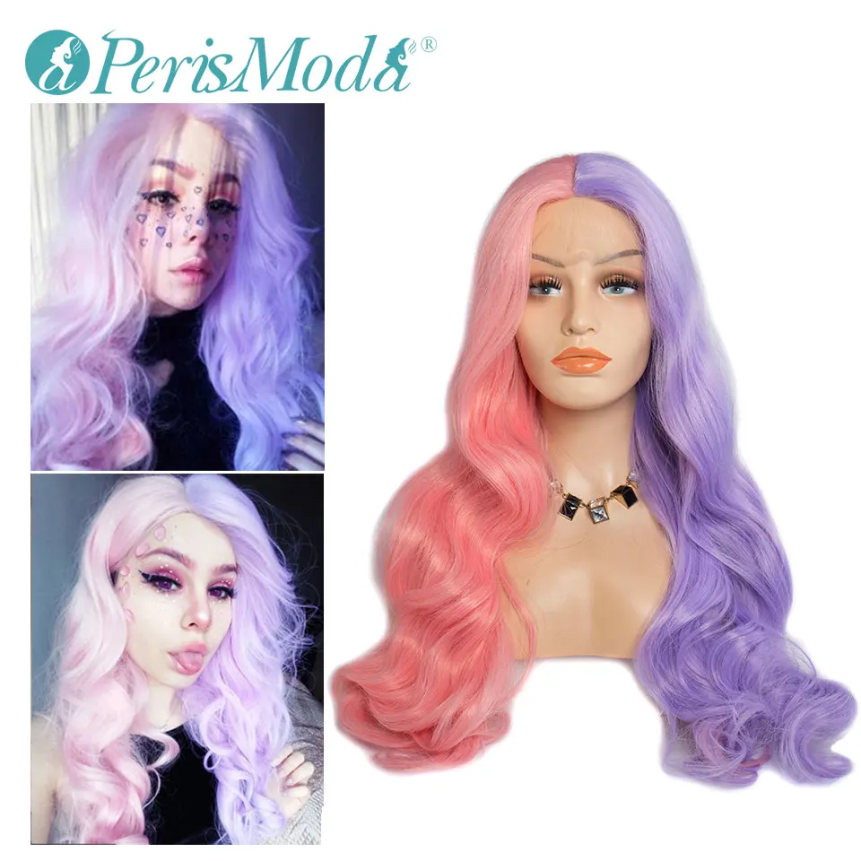 

Long Wavy Half Pink and Half Purple 32 Inch Synthetic Lace Front Wigs for Women PerisModa Middle Part Cosplay Party Lace Wigs