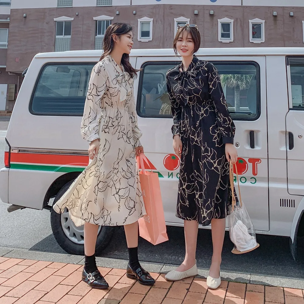 

Photo Shoot 2019 Spring New Style Korean-style INS Best Friend-Skirt Women's Vintage CHIC-Style Chiffon Printed One-piece Dress