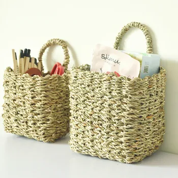 

Creative simple time straw woven rattan desktop debris storage bucket can hang flower basket hand-woven storage box LB52627