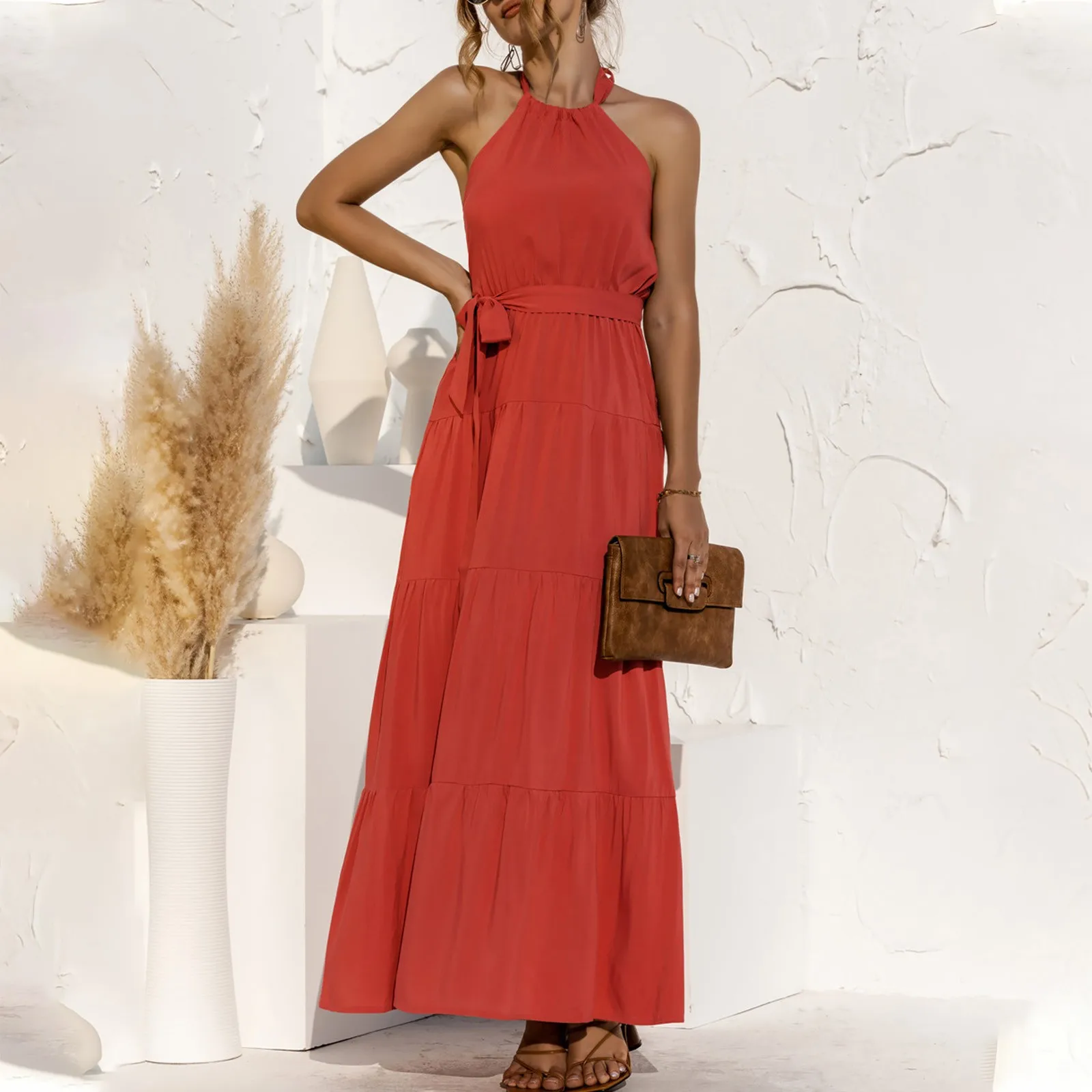 Ladies Long Dress Elegant Halter Lace Dress Tie-up Casual Women Solid New Hanging Backless Strapped Dress Night Club Vestido 2