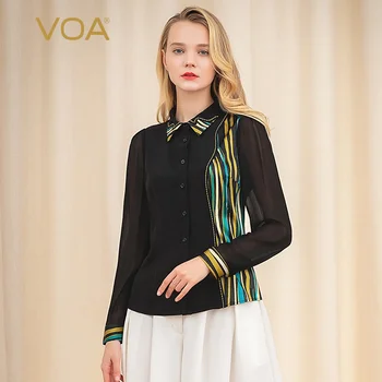 

VOA 36mm heavy silk black stitching stripes with pointed neck and gold thread micro-elastic perspective long sleeve shirt B9158