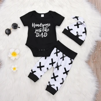

Hansome just like Dad Short sleeve Bodysuit Romper,Cross Print pant with Hat Set For Baby Boy Clothes