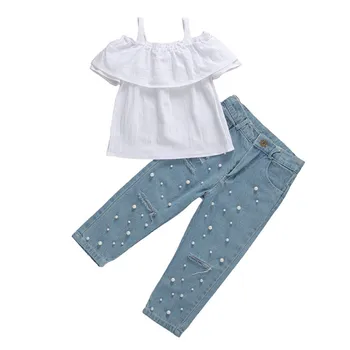 

Brand Toddler Baby Girls Clothes Sets Summer Sling Ruffles Short Sleeve White T Shirts Tops+Broken Hole Pearls Denim Pants Jeans