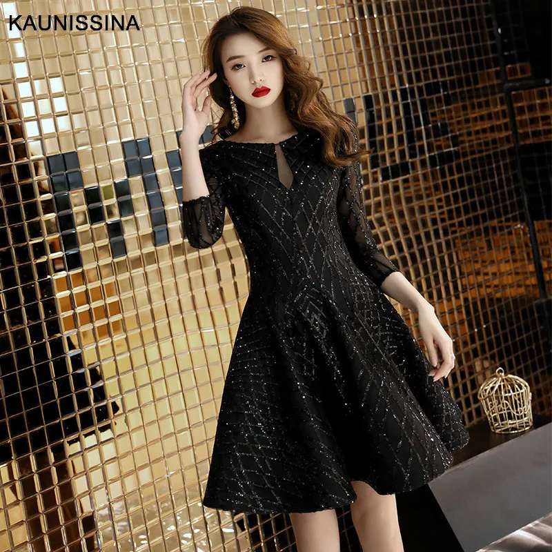 KAUNISSINA A-Line Cocktail Dress Sequins Black Party Gown 3/4 Sleeve Short Banquet Party Prom Dresses Homecoming Robes