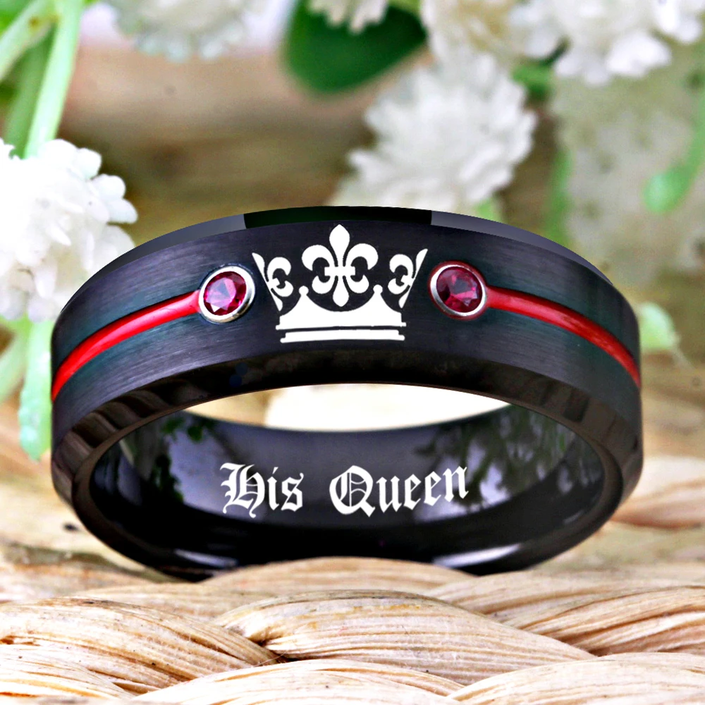Tungsten Carbide Ring HIs Queen- Her King Ring Black Tungsten With Red CZ Women Ring for Wedding Anniversary Gift Drop Ship