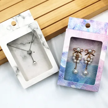 

Marble Paper Jewelry Package Boxes with Clear PVC Window Mini Hanging Necklace Earring Display Boxes