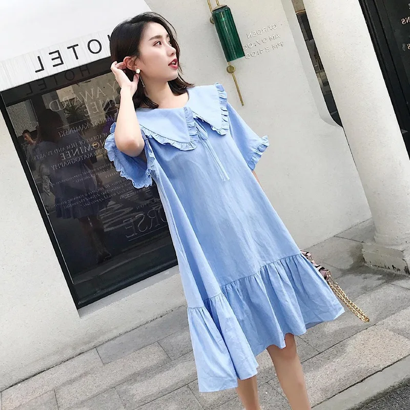 

Photo Shoot Smell GIRL'S Heart Frilled Fold-down Collar GIRL'S Dress Blue Mid-length Oversize Flounced Dress