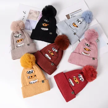 

Baby boy girl hats autumn and winter new cartoon hair ball 2-10 years baby knit hat plus velvet child wool warm hat kids beanies