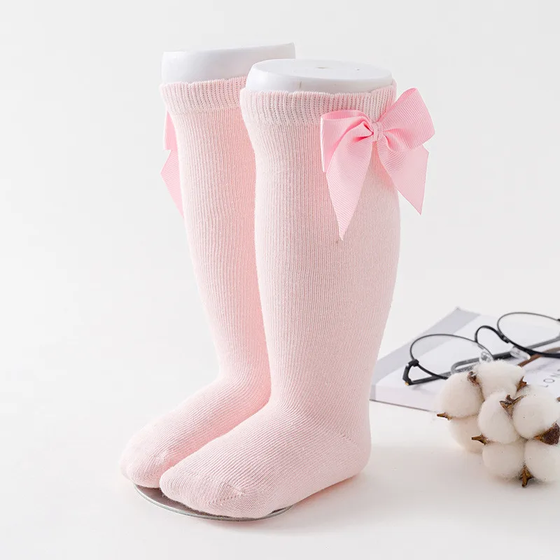 L light pink BalleenShiny детские мягкие хлопковые носки, милые с большим бантом однотонные Цвет носки до середины голени для девочек; Одежда для маленьких принцесс гетры - Цвет: L light pink
